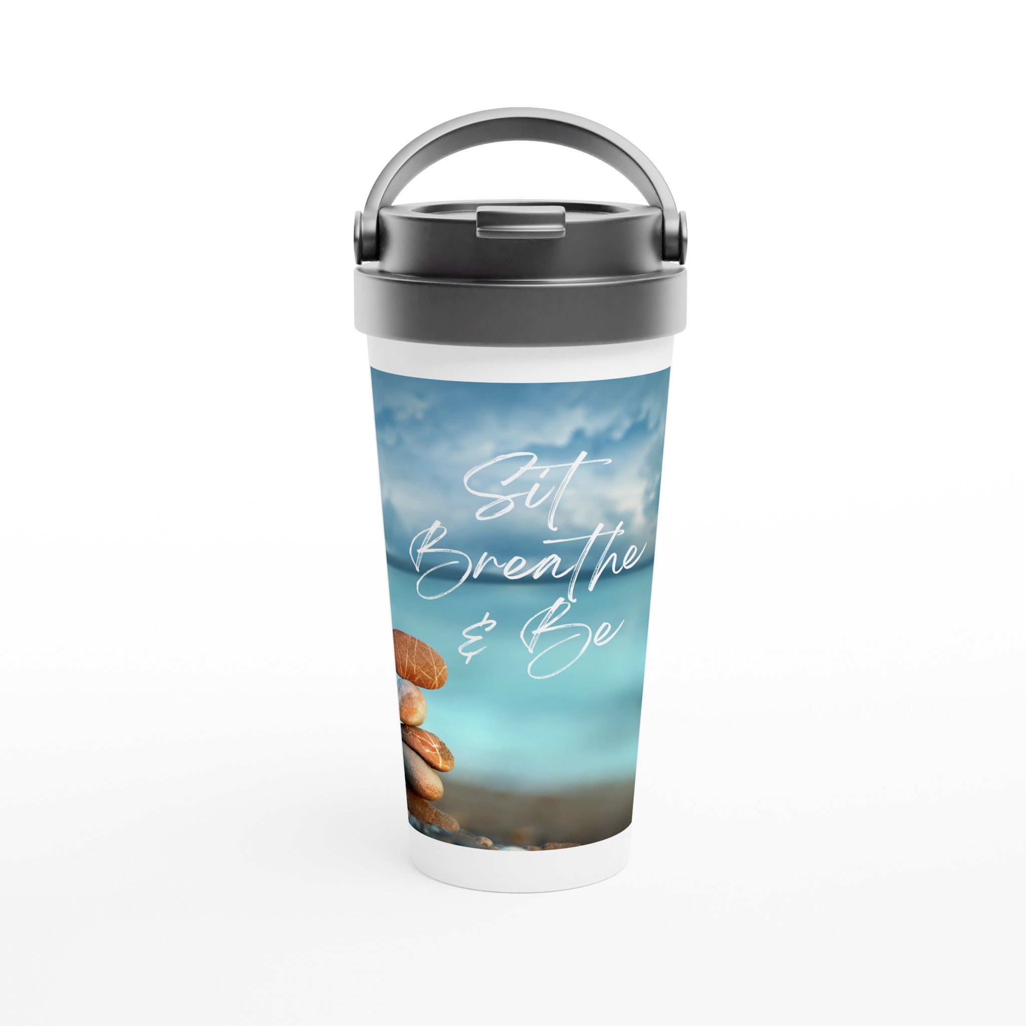 Sit Breathe & Be  - White 15oz Stainless Steel Travel Mug