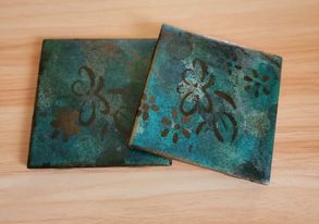 Set of 2 Square Green/Blue Ceramic Coasters - 4x4